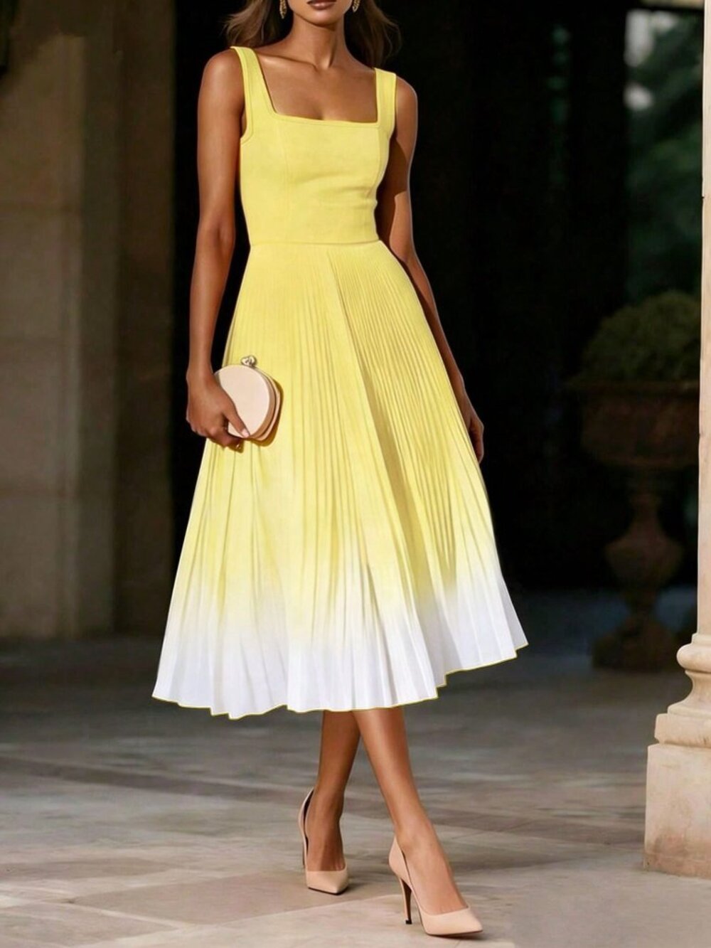 Yellow Elegant Women's Ombre Pleated Sleeveless Zipper Cocktail Dress - Picture 3 of 5